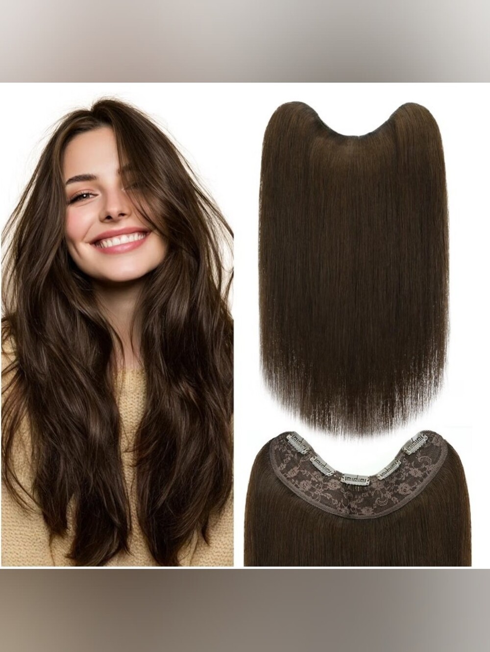 Human Hair Clip In Extensions 1 Piece 5 Clips U Shaped Weft 85g 22" Choc Brown